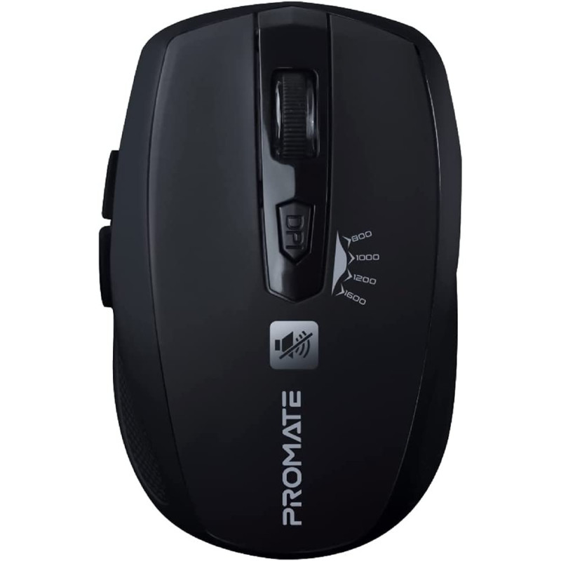 Promate Silent Wireless Mouse, Ergonomic Silent Click Optical 2.4Ghz Cordless Mice With Adjustable 1600Dpi, Usb Nano Receiver, Breeze (Black)