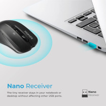 Promate Wireless Mouse, Comfortable Ambidextrous 2.4Ghz Cordless Ergonomic Mice With 4 Programmable Buttons,Nano Usb Receiver,Contour - Black