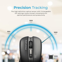 Promate Wireless Mouse, Comfortable Ambidextrous 2.4Ghz Cordless Ergonomic Mice With 4 Programmable Buttons,Nano Usb Receiver,Contour - Black