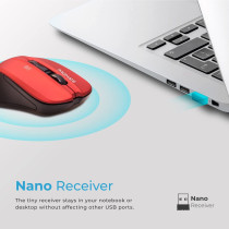 Promate Wireless Mouse, Comfortable Ambidextrous 2.4Ghz Cordless Ergonomic Mice With 4 Programmable Buttons,Nano Usb Receiver, Contour, Red