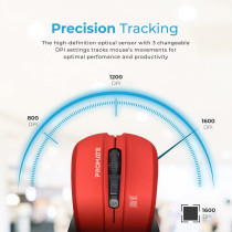 Promate Wireless Mouse, Comfortable Ambidextrous 2.4Ghz Cordless Ergonomic Mice With 4 Programmable Buttons,Nano Usb Receiver, Contour, Red