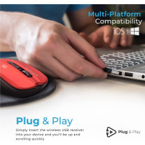 Promate Wireless Mouse, Comfortable Ambidextrous 2.4Ghz Cordless Ergonomic Mice With 4 Programmable Buttons,Nano Usb Receiver, Contour, Red