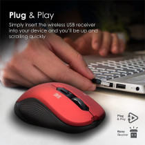 Promate 1600Dpi Wireless Mouse, Ergonomic Symmetric 2.4Ghz Cordless Optical Mouse With Nano Receiver, Long Battery Life, Slider, Red