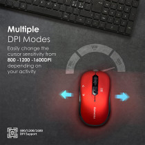 Promate 1600Dpi Wireless Mouse, Ergonomic Symmetric 2.4Ghz Cordless Optical Mouse With Nano Receiver, Long Battery Life, Slider, Red