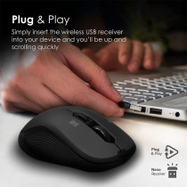 Promate 1600Dpi Wireless Mouse, Ergonomic Symmetric 2.4Ghz Cordless Optical Mouse With Nano Receiver, Long Battery Life, Slider - Black