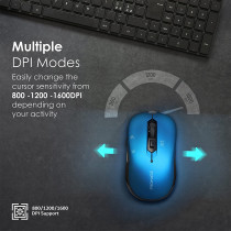 Promate 1600Dpi Wireless Mouse, Ergonomic Symmetric 2.4Ghz Cordless Optical Mouse With Nano Receiver, Long Battery Life, Slider - Blue