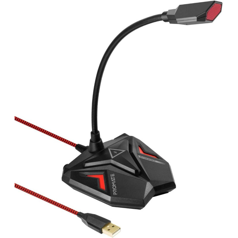 Promate Usb Gaming Microphone, High Definition Omnidirectional Gooseneck Condenser Mic With Audio Jack Out (Maroon)