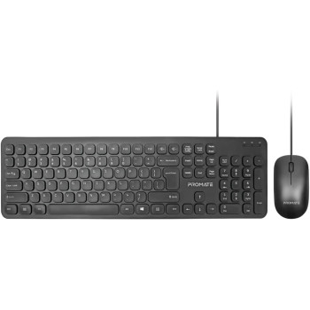 Promate Wired Keyboard And Mouse Combo, Ergonomic Ultra-Slim Full-Size Keyboard With 1200 Dpi Ambidextrous Mouse,Combo-Km2 English