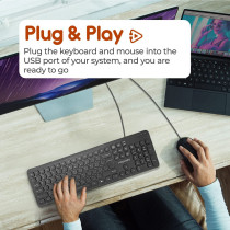 Promate Wired Keyboard And Mouse Combo, Ergonomic Ultra-Slim Full-Size Keyboard With 1200 Dpi Ambidextrous Mouse,Combo-Km2 English