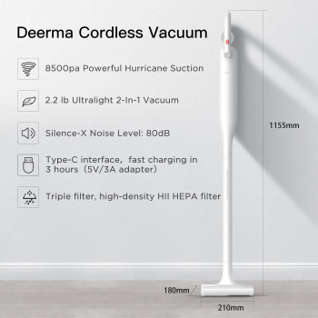 Deerma Vc01 Handheld Vacuum Lightweight Cordless Cleaner 8500Pa Strong Suction 30 Minutes Long Battery Life Type-C Charging 2200Mah 100Watts - White