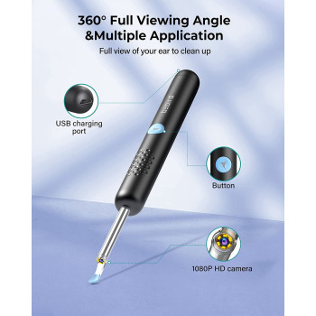 Bebird R1 Wireless Smart Visual Ear Stick With 1080P Otoscope Hd Camera & 6 Led Lights For Ear Cleaning 2 Sprial Silicone Ear Scoops 300W - Black