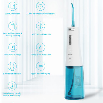 Bomidi D3-Pro Portable Dental/Oral Irrigator 360 Rotatable Nozzle 300Ml Easy Cleaning 7 Level Adjustable Water Pressure Type-C Ipx7-White/Blue