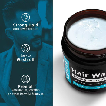 Ustraa Strong Hold Hair Wax - Wet Look - 3.5 Oz- Non-greasy wax, Easy-to-Wash, High Hold And shiny wet Italian look without harmful chemicals or fixatives, No Petrolatum