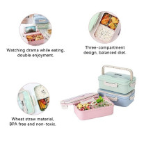 Eazy Kids Wheat Straw Leakproof Eco-Friendly Bento Lunch Box - Pink (1500ml) For All ages, Unisex (EZ_WFLBH_PI)