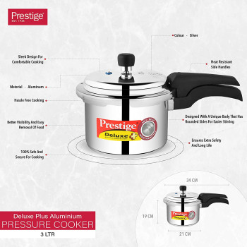 Prestige Aluminum Deluxe PlUS Pressure Cooker 3 Liter, Silver Mpd10701 (MPD10701)