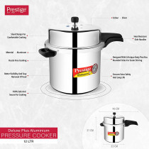 Prestige Deluxe Plus 12 L New Flat Base Aluminum Pressure Cooker For Gas And Induction Stove, Medium, Silver (MPD10705)