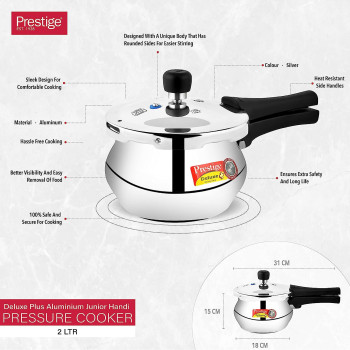 Prestige Deluxe Plus Aluminium Junior Handi Polished Pressure Cooker, SILVER, 2 Ltr, PRDAH2 (MPD10711)