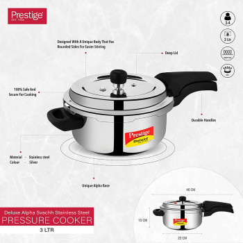 Prestige Deluxe Alpha Svachh Stainless Steel Pressure Cooker, 3 Ltr, Silver (MPD20248)