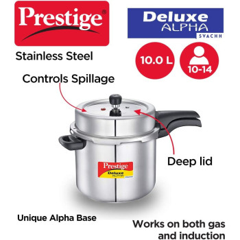 Prestige Deluxe Alpha Svachh Stainless Steel Pressure Cooker, 10 Ltr, Silver (MPD20254)