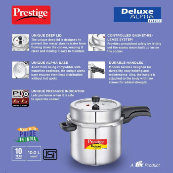 Prestige Deluxe Alpha Svachh Stainless Steel Pressure Cooker, 10 Ltr, Silver (MPD20254)