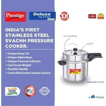 Prestige Deluxe Alpha Svachh Stainless Steel Pressure Cooker, 10 Ltr, Silver (MPD20254)