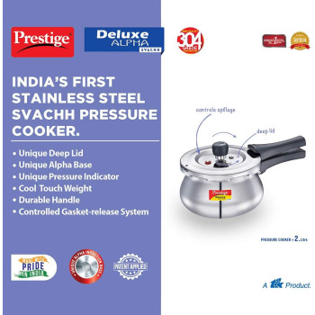 Prestige S/S Dlx Alpha Svachh Baby Handi 2 Ltr Cooker, Mpd20266, Silver (MPD20266)