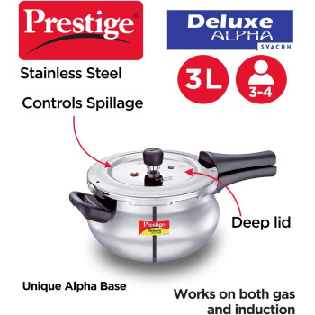Prestige Deluxe Alpha Svachh Stainless Steel Handi Pressure Cooker, 3 Ltr, Silver (MPD20267)