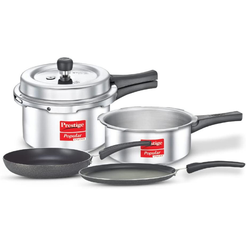 Prestige Kitchen Starter Pack Popular Svachh 3 Ltr + 2 Body Fry Pan 180mm Tawa 250 mm, Silver (MPP10180)