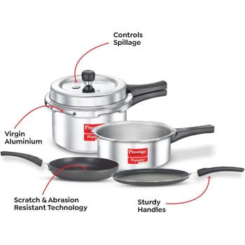 Prestige Kitchen Starter Pack Popular Svachh 3 Ltr + 2 Body Fry Pan 180mm Tawa 250 mm, Silver (MPP10180)