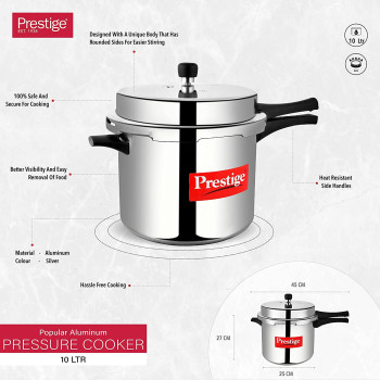 Prestige Popular Aluminium Pressure Cooker, 10 Ltr, Silver (MPP11000)