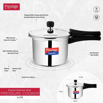 Prestige Popular Stainless Steel Pressure Cooker, 3 Ltr, Silver (MPP20651)