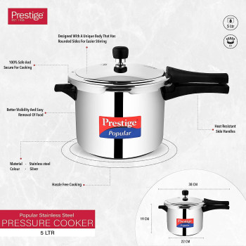 Prestige Popular Stainless Steel Pressure Cooker, 5 Ltr, Silver (MPP20652)