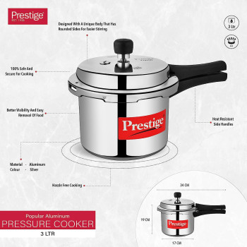 Prestige Popular Aluminium Pressure Cooker, 3 Ltr, Silver (MPP23100)