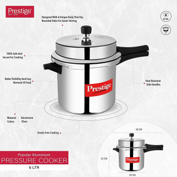 Prestige Popular Aluminium Pressure Cooker, 6 Ltr, Silver (MPP26100)