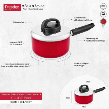 Prestige Classique 3X Ultra Tough Covered NonStick Sauce Pan, 1.9 Ltr, 18 cm, Red (PR15908)