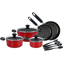 Prestige 12 Piece Non stick Induction Base Cookware Set, Cooking Pan, Saucepan and Casserole Set with Glass Lid, Red (PR20486)