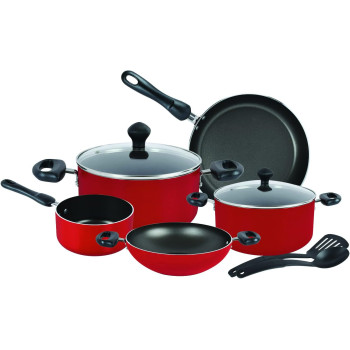 Prestige 9 Piece Non-Stick Cookware Set, Non Stick Aluminium/Casserole/Sauce Pan/Fry Pan, Red (PR21569)