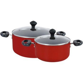 Prestige 9 Piece Non-Stick Cookware Set, Non Stick Aluminium/Casserole/Sauce Pan/Fry Pan, Red (PR21569)