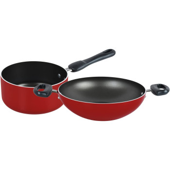 Prestige 9 Piece Non-Stick Cookware Set, Non Stick Aluminium/Casserole/Sauce Pan/Fry Pan, Red (PR21569)