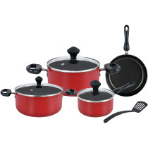 Prestige 8 Piece Non-Stick Cast Aluminium Cookware sets | Induction Base | Non Stick Aluminium | Casserole | Milk Pan | Fry Pan - Red (PR21952)