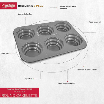 Prestige Non Stick Round Cakelette Pan, Grey (PR46639)