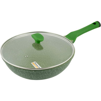 Prestige Essentials Granite Wok Pan With Lid Cast Aluminium - Green, 28Cm