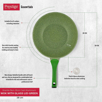 Prestige Essentials Granite Wok Pan With Lid Cast Aluminium - Green, 28Cm