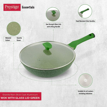 Prestige Essentials Granite Wok Pan With Lid Cast Aluminium - Green, 28Cm