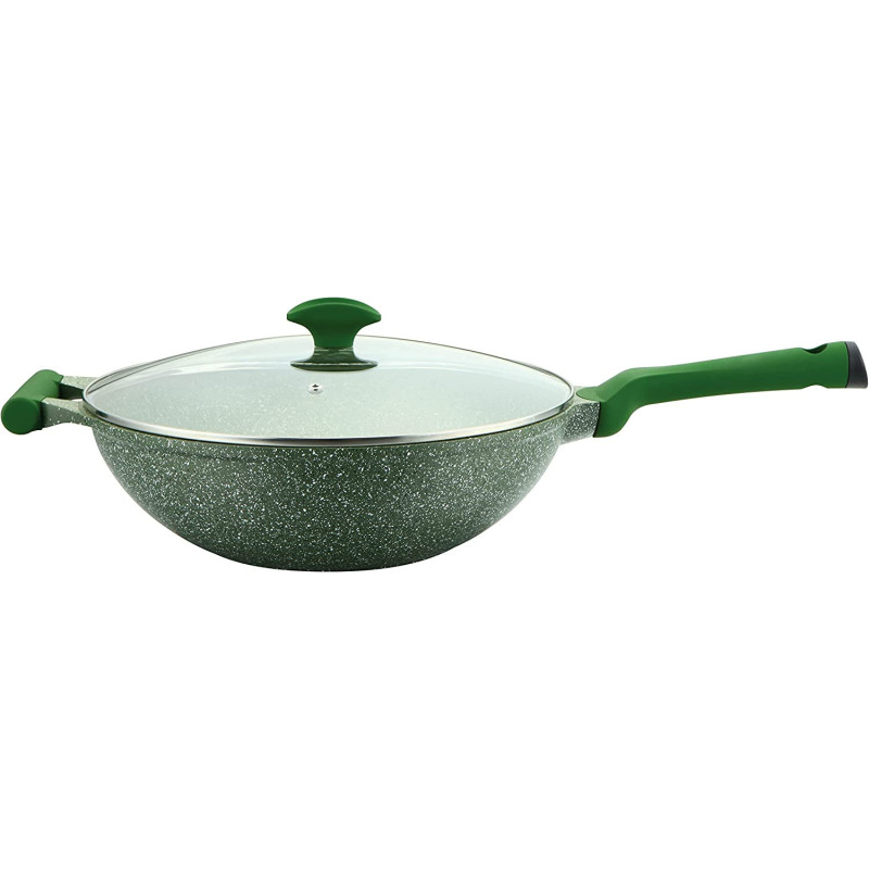 Prestige Essentials Wok Pan With Lid Cast Aluminium Cookware - Green, 32Cm