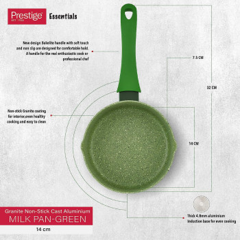 Prestige Essentials Granite Non-Stick Milk Pan Cast Aluminium Cookware - Green, 14Cm
