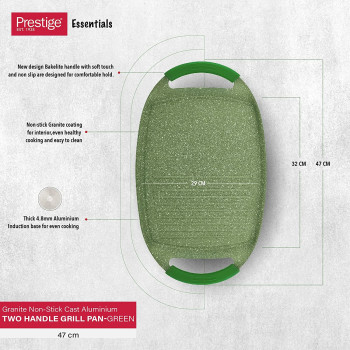 Prestige Essentials Granite Grill Pan Cast Aluminium Cookware-Green, 47Cm