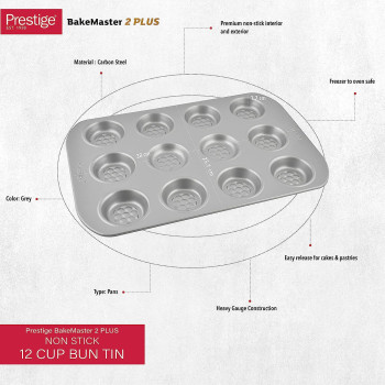 PRESTIGE Bakemaster 2 Single Non-Stick Bun Tray, 12 Cup (PR57128)