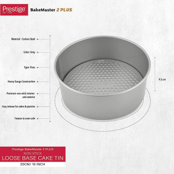 PRESTIGE Bake Master 2 Plus Non Stick Loose Base Round Cake Pan, 25 Cm, Grey (PR57142)