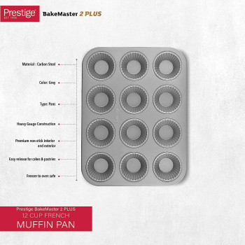 PRESTIGE Bake Master 2 French Muffin Pan, 12 Cup, Grey (PR57153)